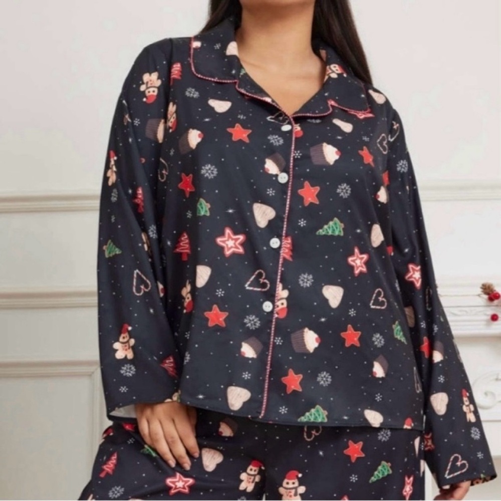 Cider Black Holiday Cookie Cupcake Snowflake Print Satin Pajama Top Size 2X